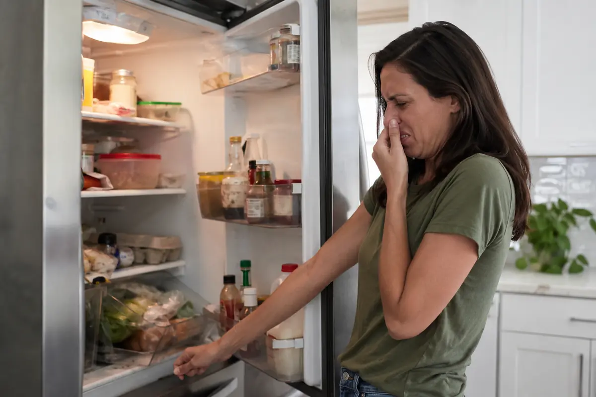 Donna disgustata dalla puzza del frigorifero